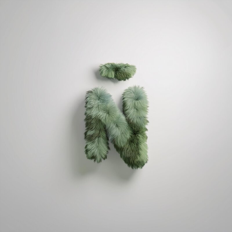 Firefly Letter N covered in thick, shaggy fur with alternating colors of soft, earthy green-gray, wi-4