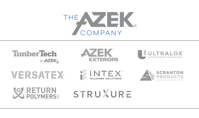 Logos of all the companies under the Azek Company umbrella, including TimberTech and StruXure. 