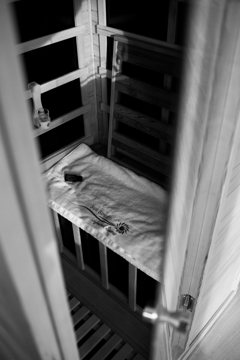 Black and white shot showing the interior of a Sunstream sauna.