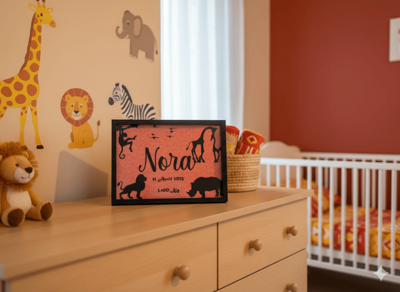 Cadre de naissance posé sur une commode dans une chambre de bébé décorée d’animaux, avec un lit à barreaux en arrière-plan. Le cadre affiche un prénom et des silhouettes d’animaux.