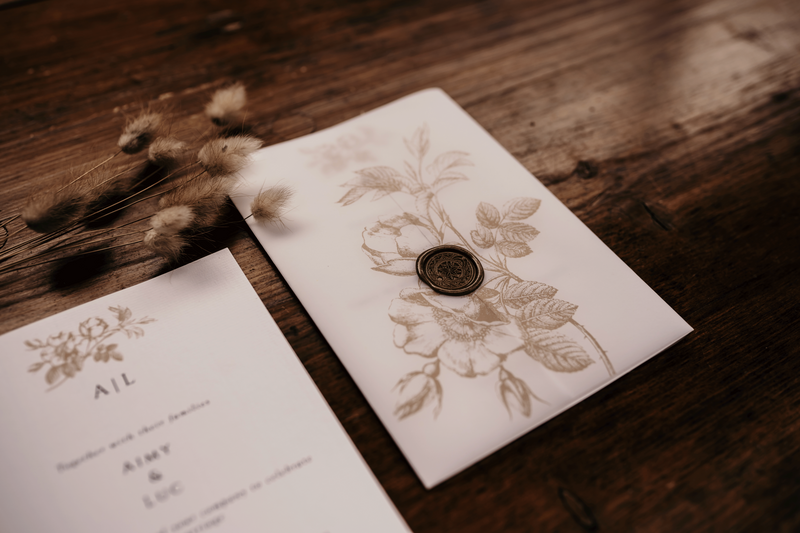 Trouwkaart met lakzegel en botanische print