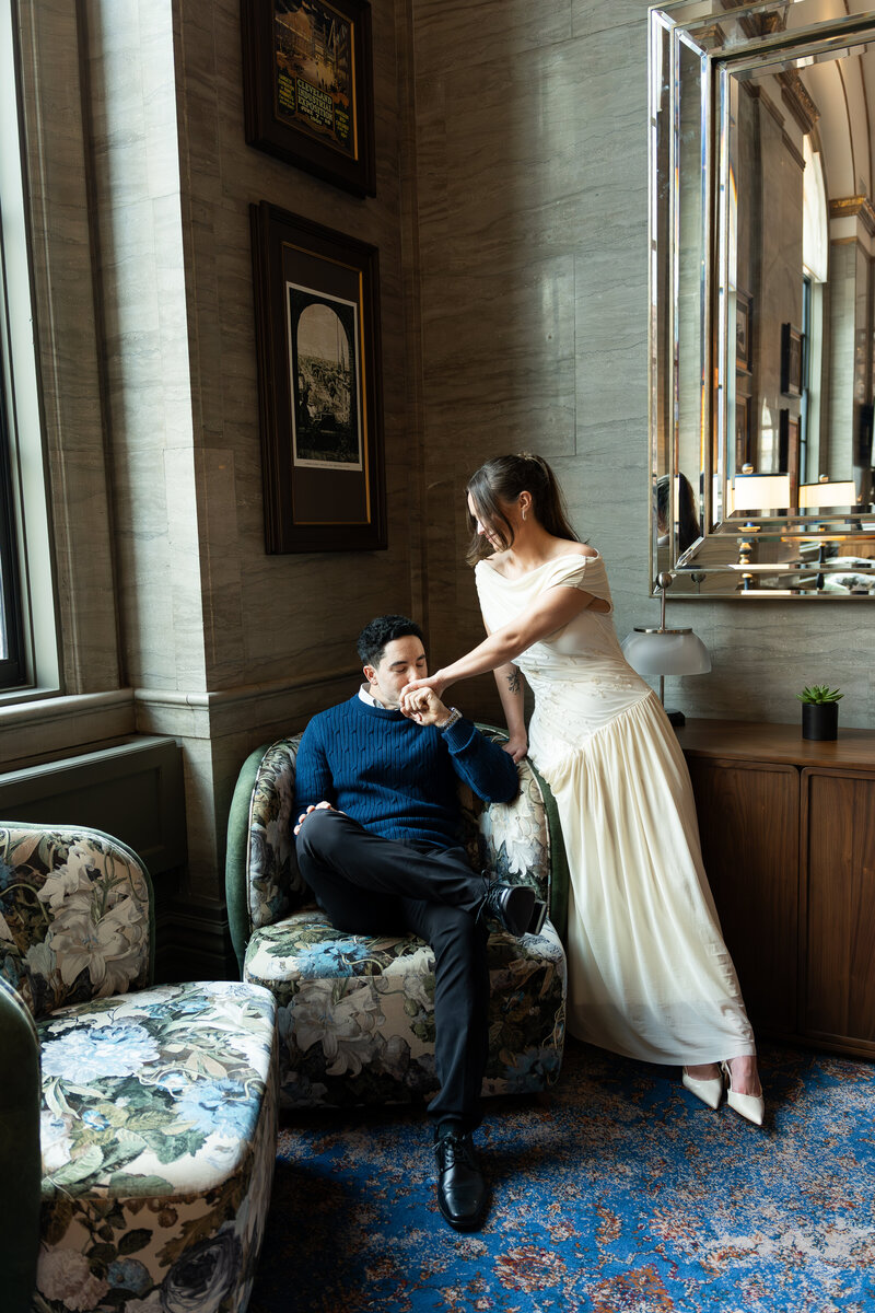 Editorial natural light engagement session at luxury hotel in downtown Cleveland, Ohio