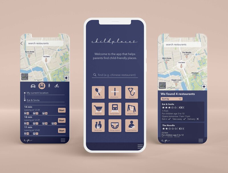 drei vertikale Handy-Mockups nebeneinander, die die Childplaces-App zeigen