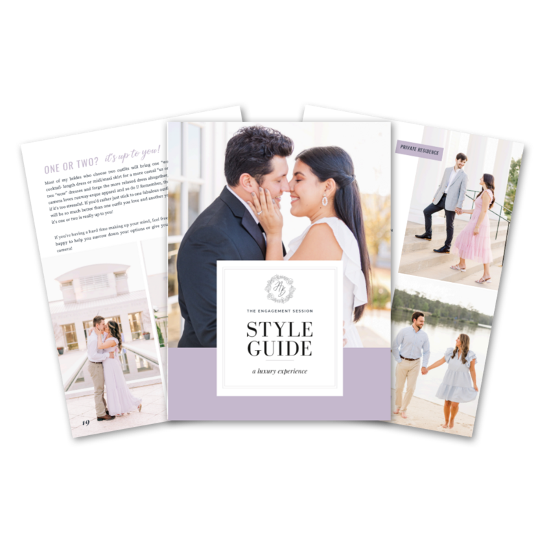 The cover and preview pages of the Free Engagement Session Style Guide, offering a luxury experience by Abby Bell Photography, Fine Art Portrait Photographer based in Alabama.
