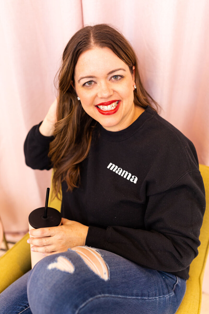 heather smiling in mama sweatshirt