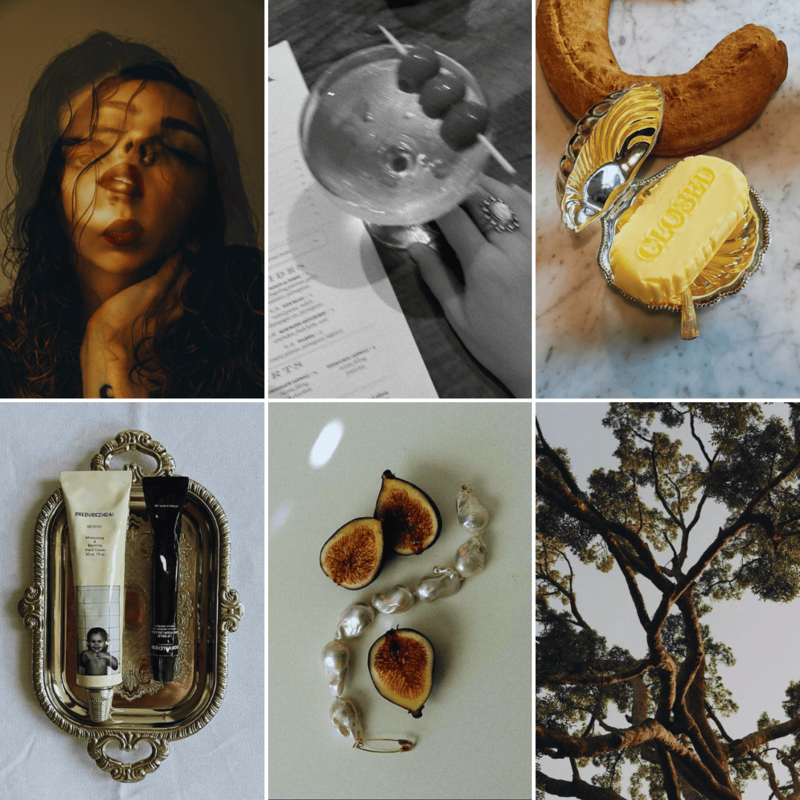 A six-image collage featuring a moody portrait of a woman, a hand holding a cocktail, a vintage butter dish labeled "CLOSED," luxury skincare on a silver tray, figs with pearl jewelry, and a twisted tree against the sky, evoking a blend of vintage, artistic, and minimalist aesthetics.