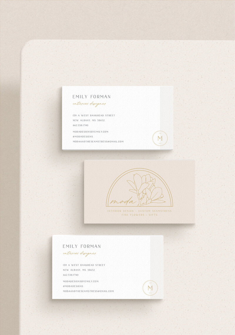 elevated business card design with gold and neutral colors