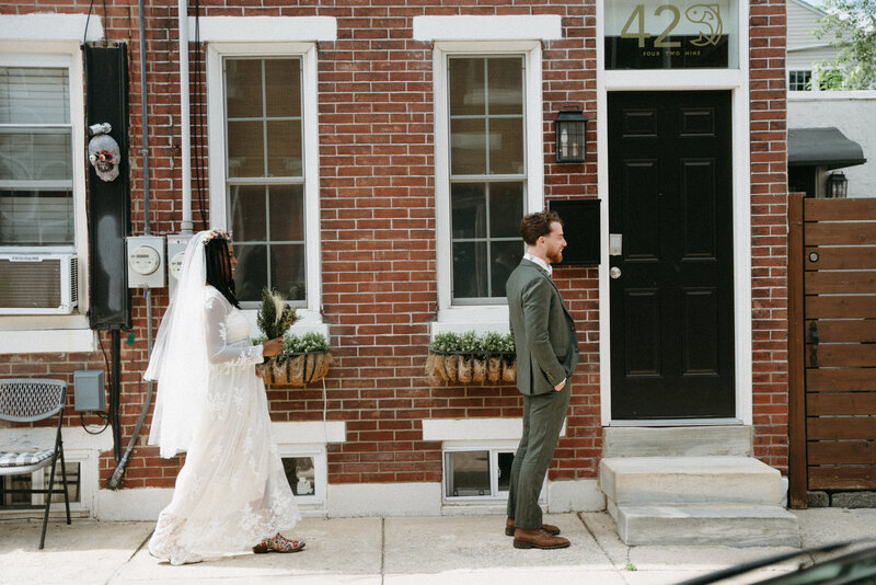 bride and groom first look in Fishtown, Philadelphia, PA