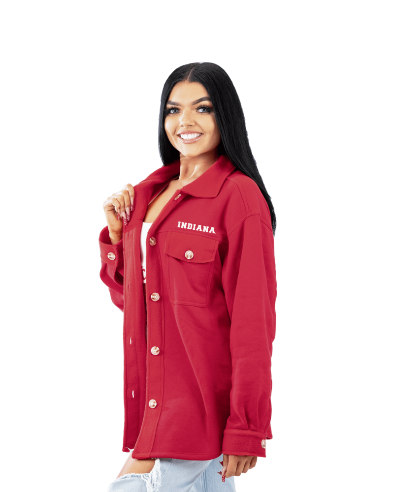 Model wearing Indiana Shacket in red