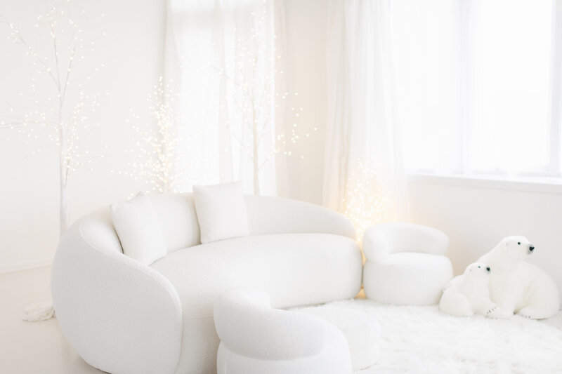 white studio space with white polar bears and ivory sofa for photos 