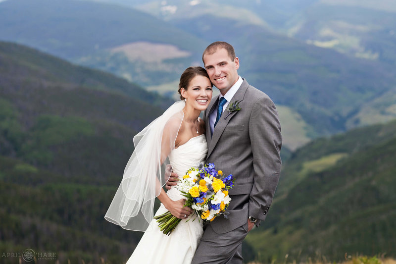 Vail Resort Wedding Photography with mountain views from Holy Cross Event Deck at top of Eagle Bahn Gondola