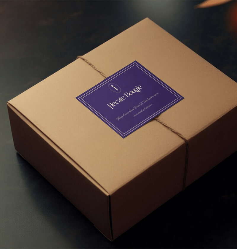 Maquette de présentation de l'identité visuelle de Hécate Bougie, qui représente une ambiance mystique à la lueur d'une bougie. L'image montre le packaging d'une commande de bougie avec son étiquette de remerciement personnalise aux couleurs du branding.