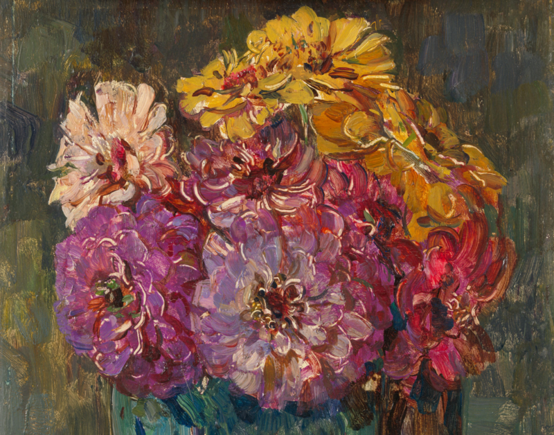 Background image of orange and red and pink and purple hydrangeas. oil on canvas.