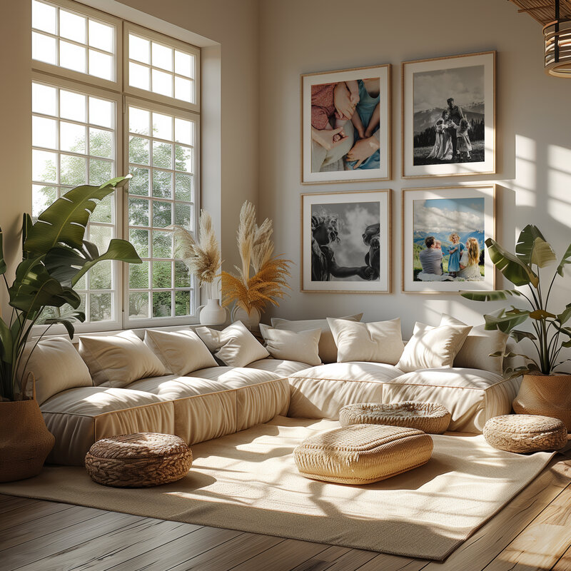 Image of a sunny bohemian style living room with printed and framed pictures on the walls. Pictures are a family at Hurricane Ridge near Port Angeles Washington.