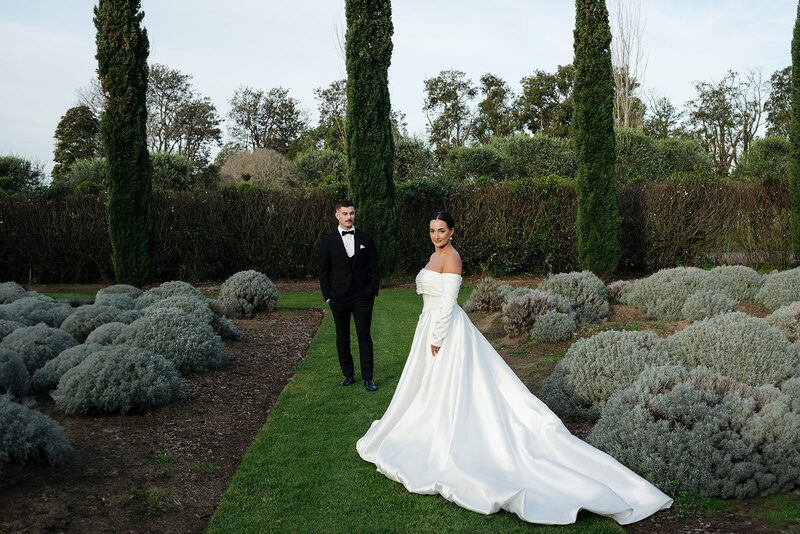 Bride and groom standing amongst the lavender at The merribee gardens. Groom is standing back from the bride in a black Tuxedo. He is looking at his bride. Bride is in a long sleeve off shoulder dress with a significant train that has been pulled out in front. Bride is looking at camera.  