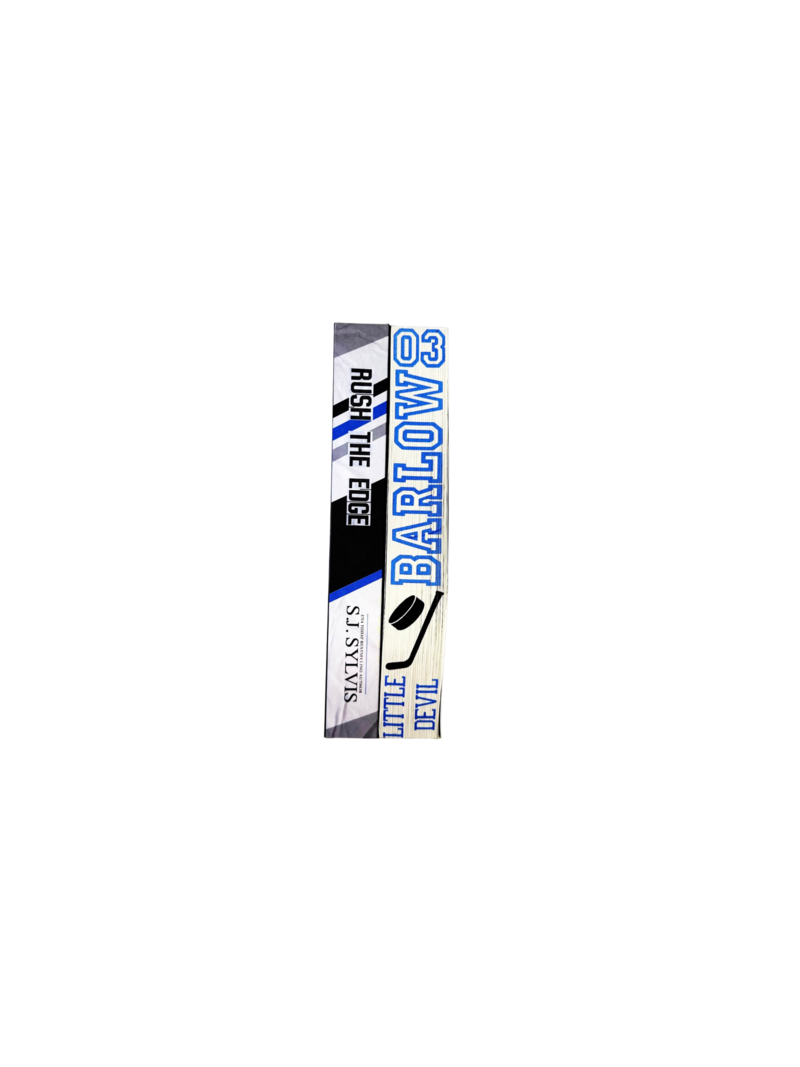 Hand-painted sprayed-edge edition of Rush the Edge by S.J. Sylvis from the Blue Devils Hockey Series, designed with black, blue, and white geometric striping and a detailed hockey stick and puck illustration.