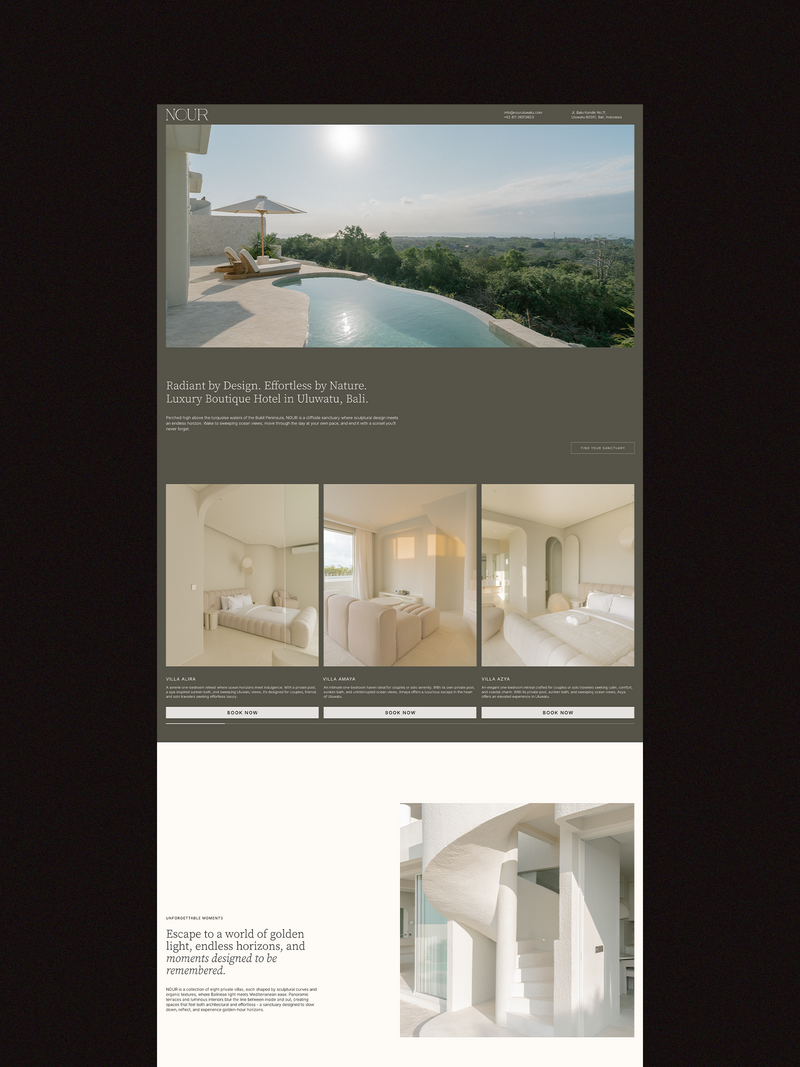 NOUR is a luxurious boutique hotel in Uluwatu, Bali. Set high above the ocean, it offers a tranquil retreat where contemporary design meets the natural beauty of the island. Guided by an atmosphere of warmth and effortless sophistication, the website was designed to reflect the brand’s serene essence. Minimal in form and rich in feeling, it conveys a sense of balance, calm, and understated luxury.