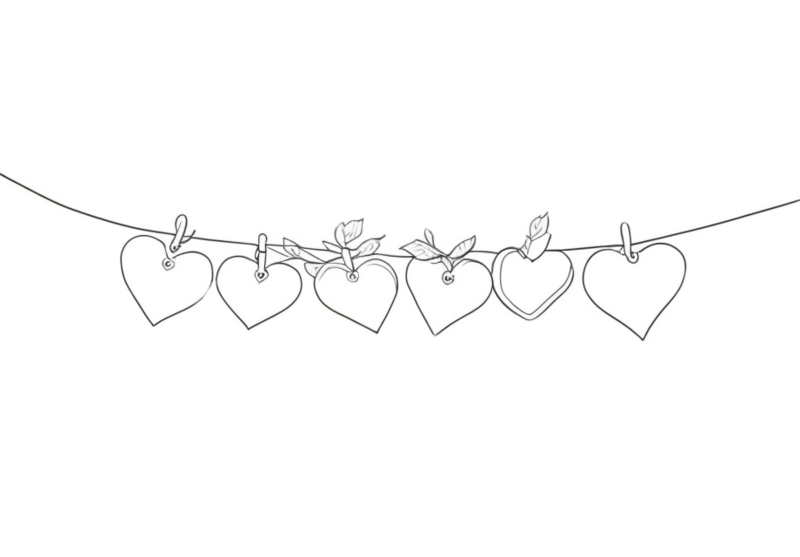 Unique one-line drawing featuring hearts on a string, symbolizing the connection and love between two souls—ideal for wedding invitations or romantic decor.