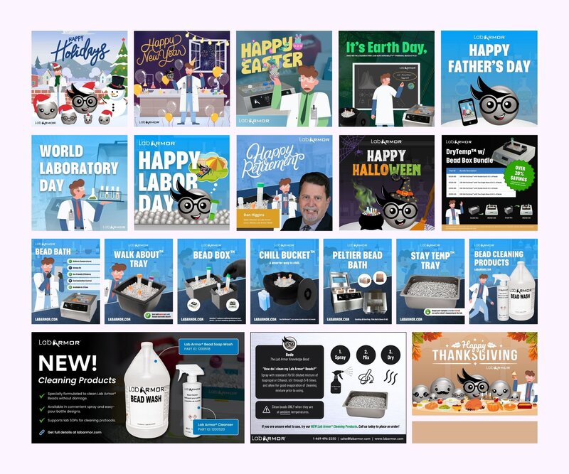 Branded social media graphics for Lab Armor® LLC featuring their scientist character and happy bead mascots