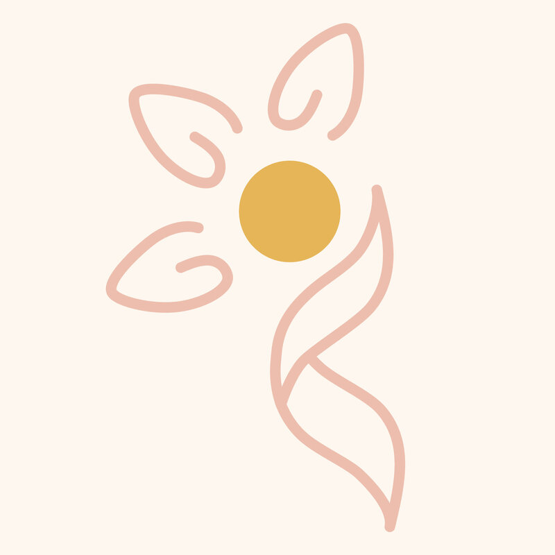Grace Clay Co logo created by Ayanna Richilano Designs in full brand colors on a cream background. The logo consists of a stylized simple flower and ribbon shape with brand colors being dusty pink, gold and cream.