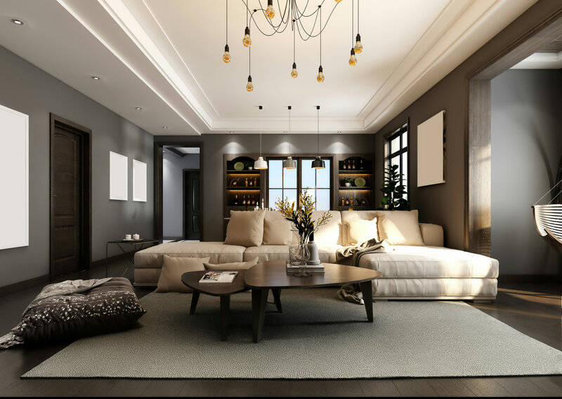 large comfortable living room with pendant lighting