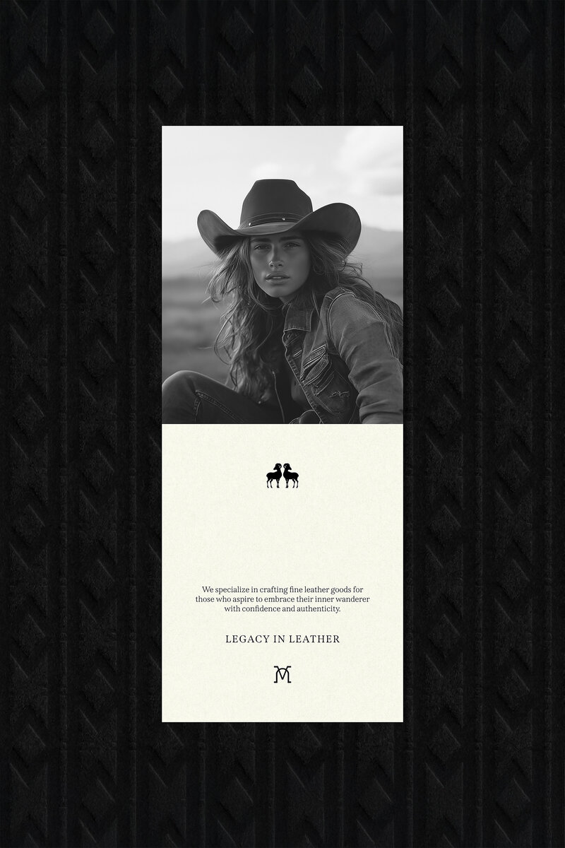 Western-inspired brand identity for fine leather goods featuring female model in cowboy hat and brand message on thank you note.