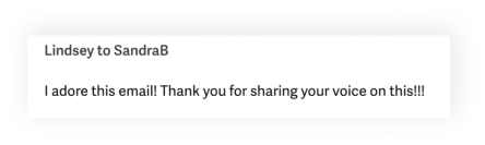 The image is a screenshot of a message or email. The text within the message box reads: "Lindsey to SandraB I adore this email! Thank you for sharing your voice on this!!!" The text is in a casual font on a white message bubble with a shadow, indicating it's likely from a messaging app or an email interface.