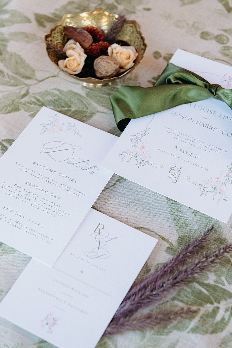 Detail shot of Moroccan-inspired wedding invitation suite