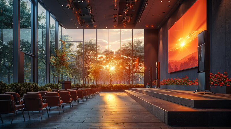 Venue with large windows for events with a beautiful sunset
