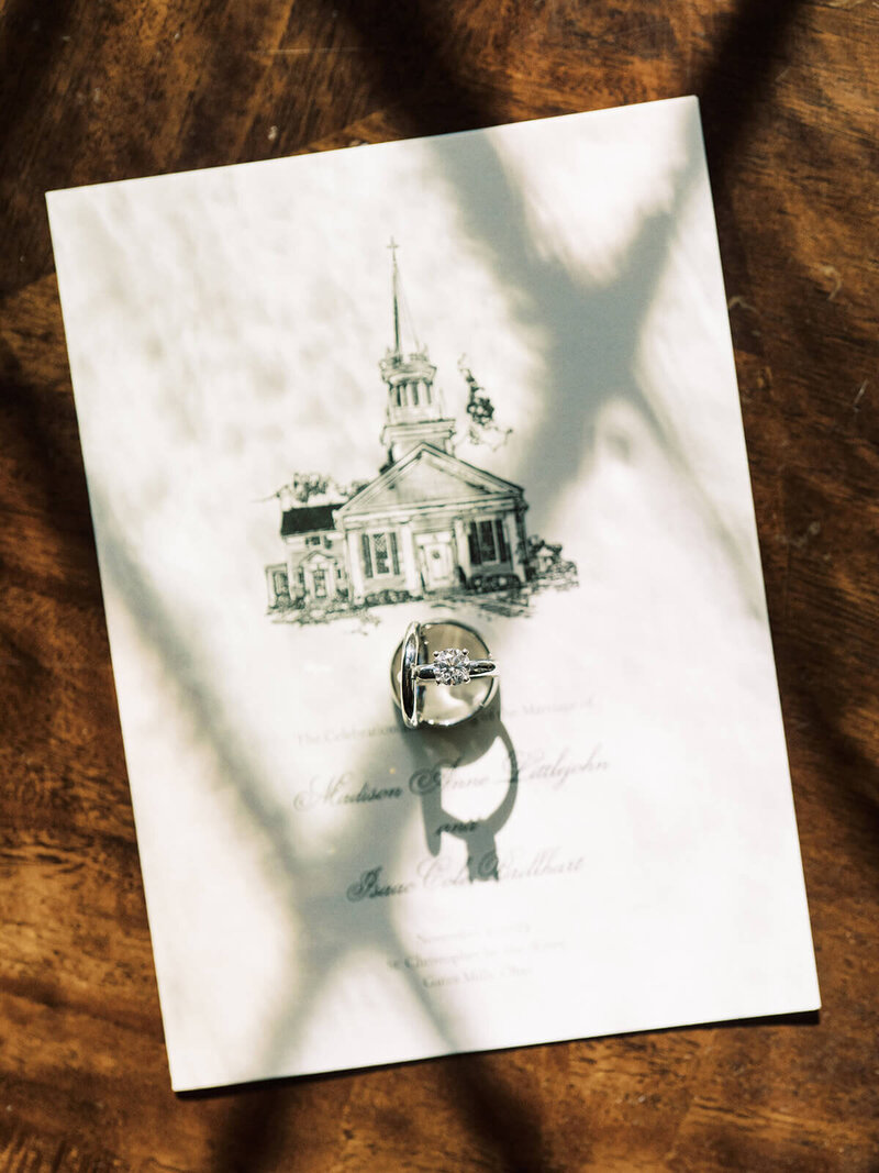 6. Close-up of wedding rings on an illustrated invitation with shadows.