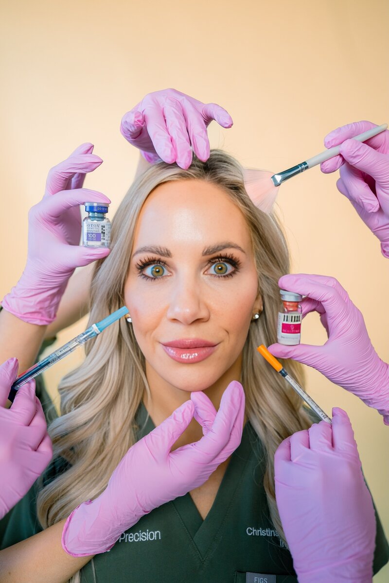 Esthetician posing with needles for a branding shoot in scottsdale az