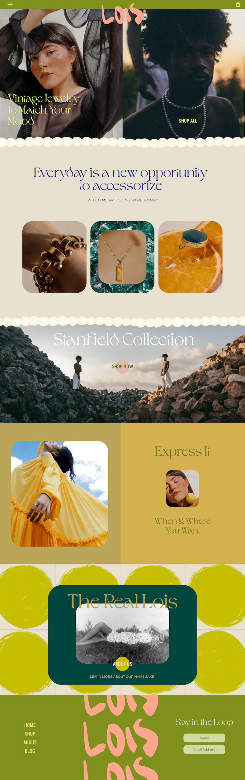 Homepage design of Lois Vintage Jewelry brand