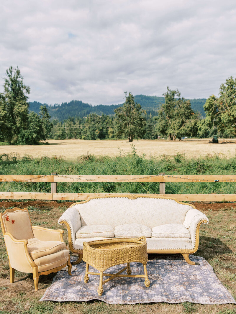 Outdoor farm wedding with luxury and affordable lounge area rentals by Birdie June.