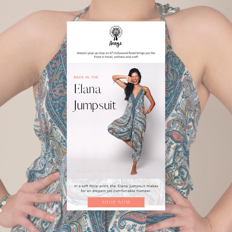 Back-in-stock email marketing design for eCommerce women’s fashion brand, Aanya, featuring their bestselling paisley jumpsuit in a compelling layout design.