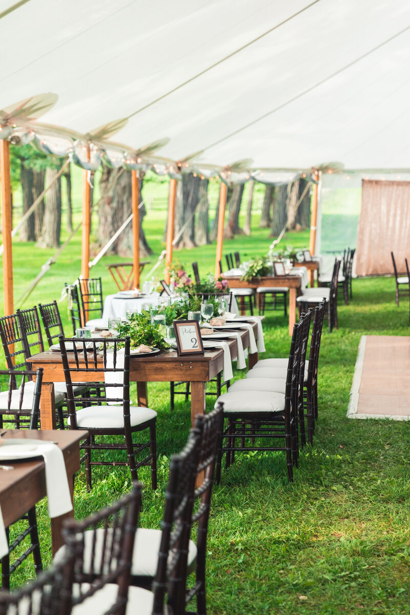 Long farm tables under a pole tent in Vermont and lush greenery runners