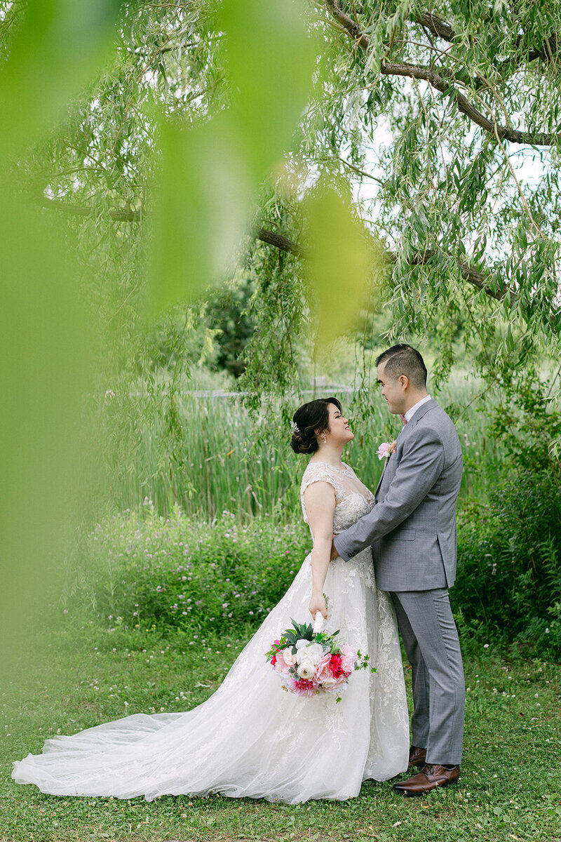 Bride and groom embracing
