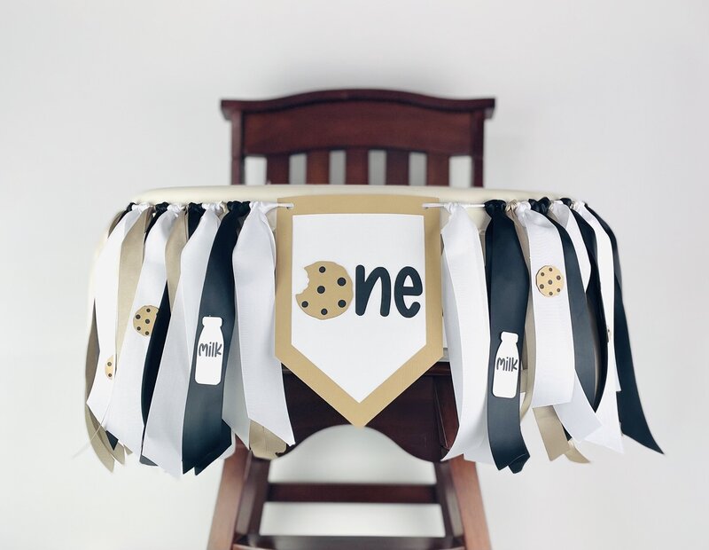 Milk and cookies high chair banner with blue and white flags