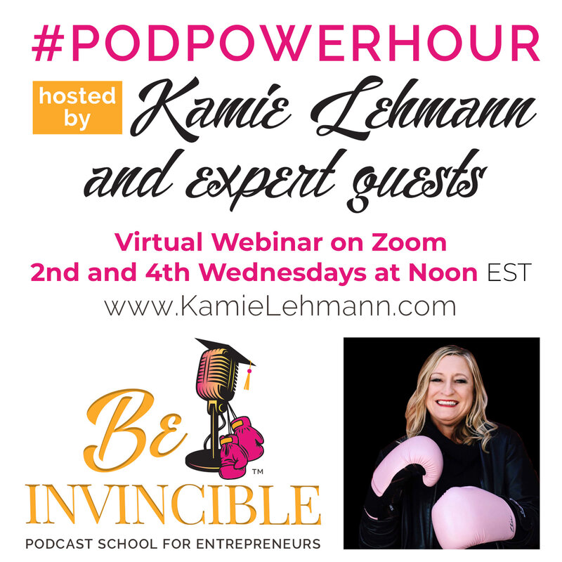 Text "#PODPOWERHOUR hosted by Kamie Lehmann and expert guests"