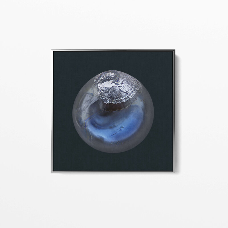 Fine Art Canvas with a silver frame featuring Project Stardust micrometeorite NMM 2752 collected and photographed by Jon Larsen and Jan Braly Kihle