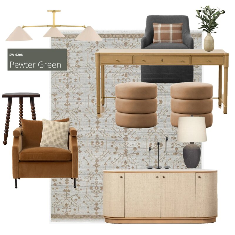 Interior design moodboard featuring warm neutrals and organic textures.