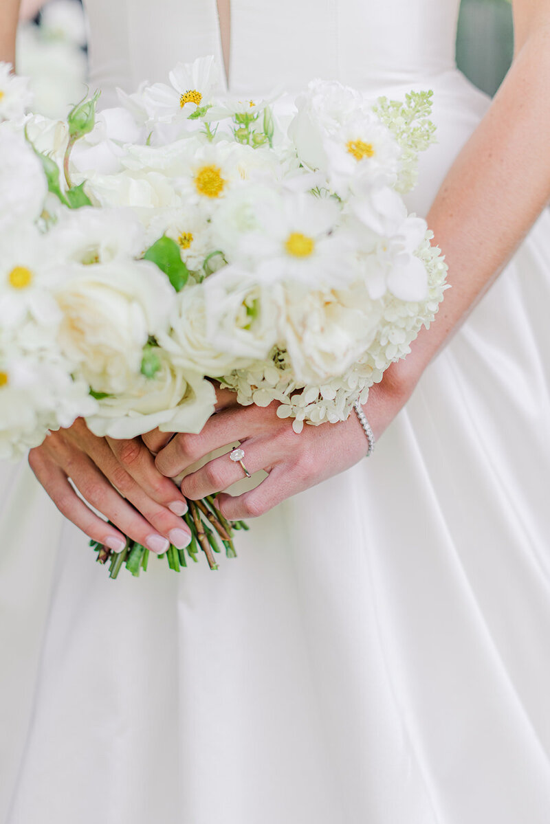 close up of a bride holding a flower bouquet