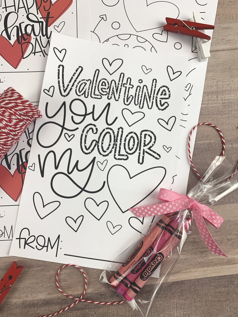 Valentine's Day coloring sheets with red and pink crayons with phrase "valentine you color my " and hearts