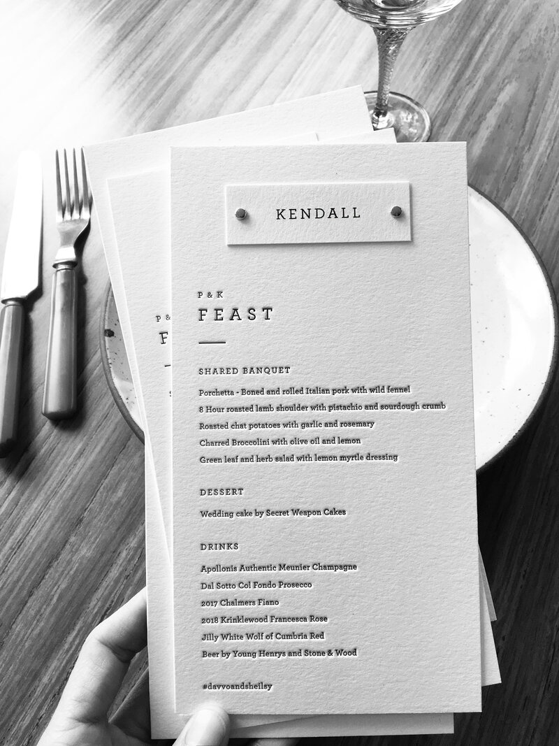 letterpress designer printed menu cards for events and weddings set on table