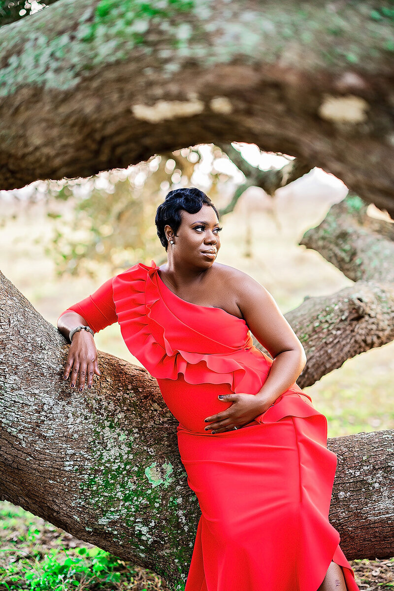 An expectant mother leans against the large branch of a willow tree for a maternity photoshoot. She wears a bright red gown.