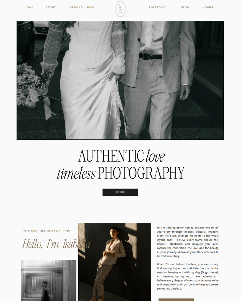 Isabella Showit website template for photographers featuring an elegant, editorial layout—perfect for wedding, portrait, or lifestyle photography portfolios.
