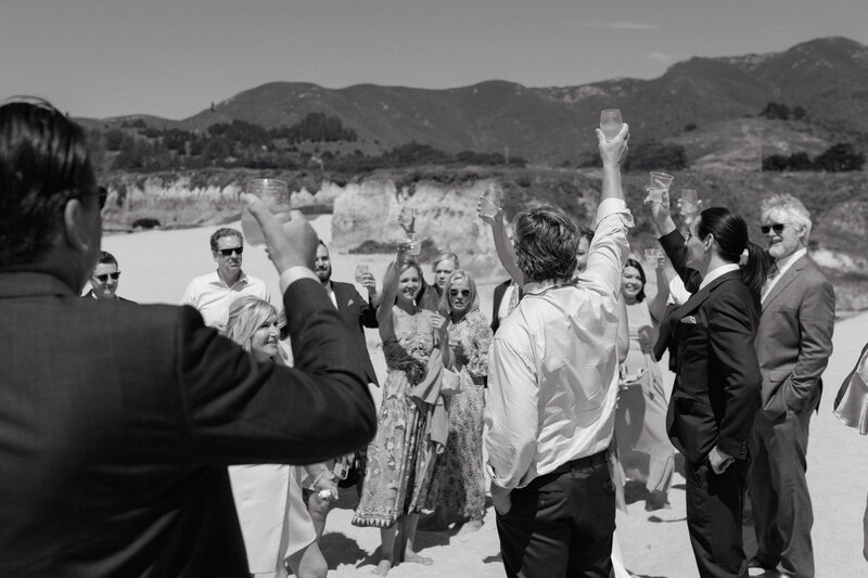 Guests raising glasses for toast, intimate black-and-white moment captured during Montara State Beach wedding reception.