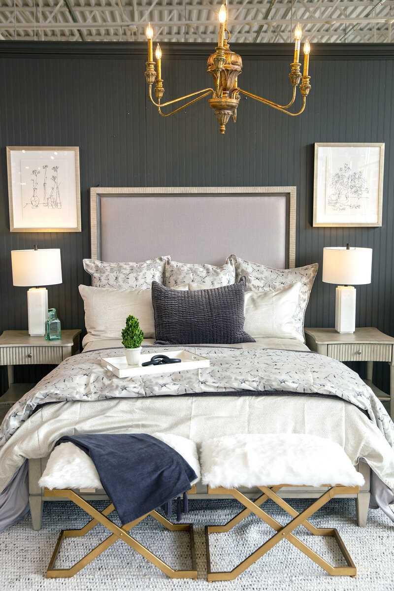 bed bedroom linens bedding brass lighting lamps pillows luxury home furniture store