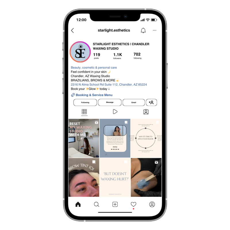 Instagram brand strategy and feed design for Starlight Esthetics, created by Her Higher Standard Design Studio to boost digital visibility and client connection.