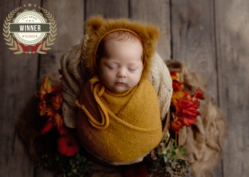 A cozy autumn moment- AFNS award-winning Little Lion newborn portrait by Denise.