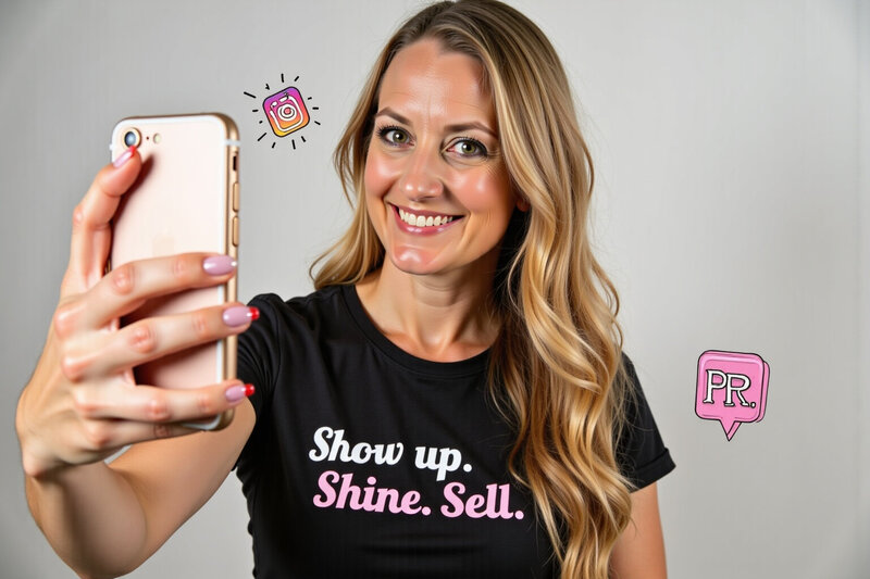 Blonde woman smiling and taking a selfie for Instagram, wearing a black shirt that reads "Show up, Shine, Sell."